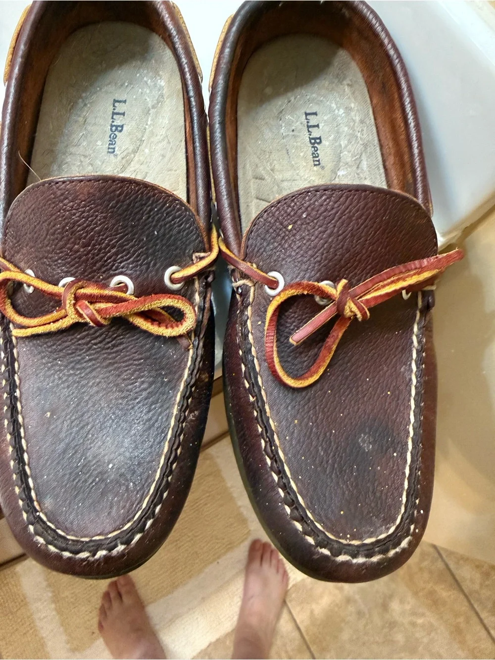 L.L. Bean Brown Leather Moccasin Boat Shoes with Red and Yellow Laces